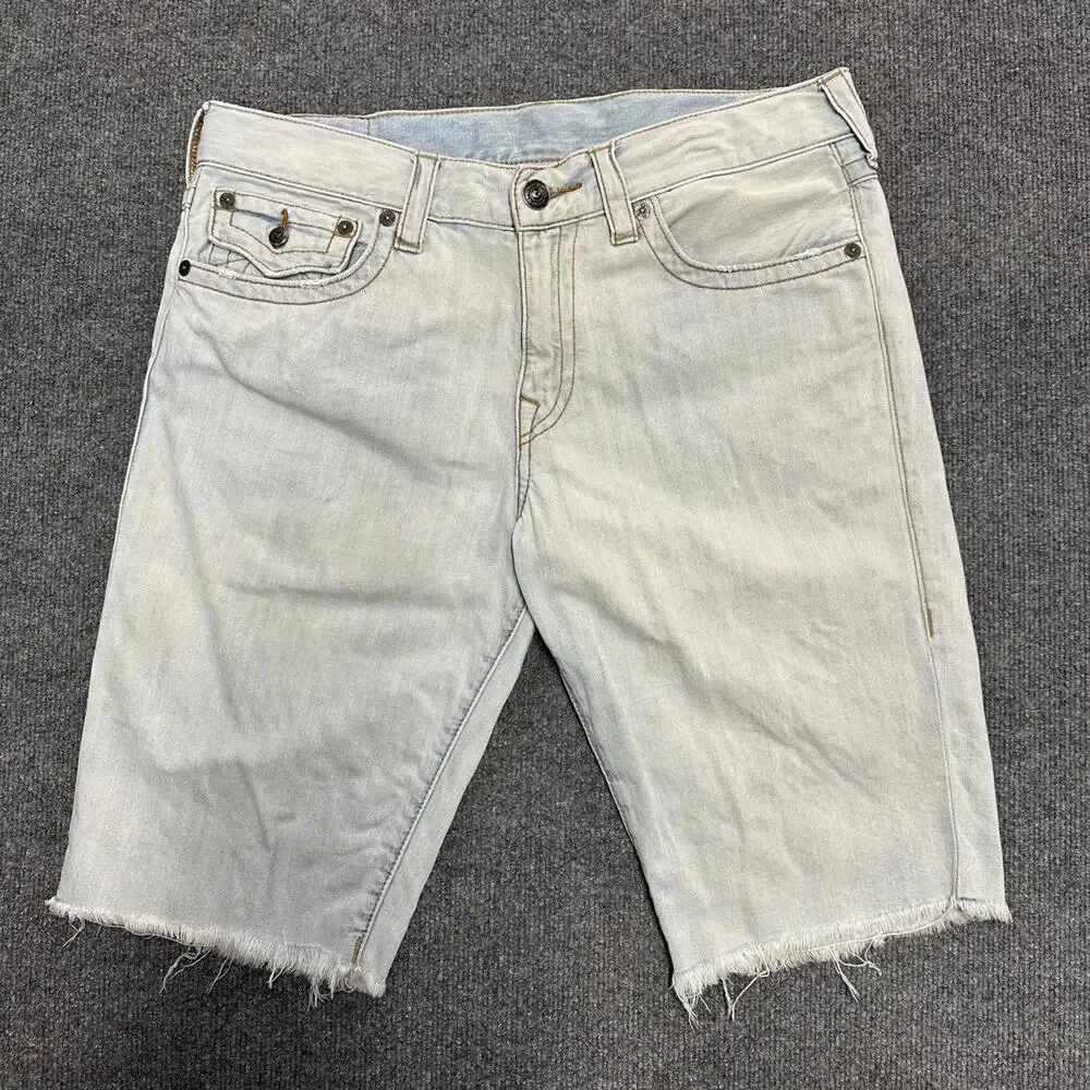 True Religion Men’s Ricky Frayed Hem Short Light Wash Jean Jorts 34